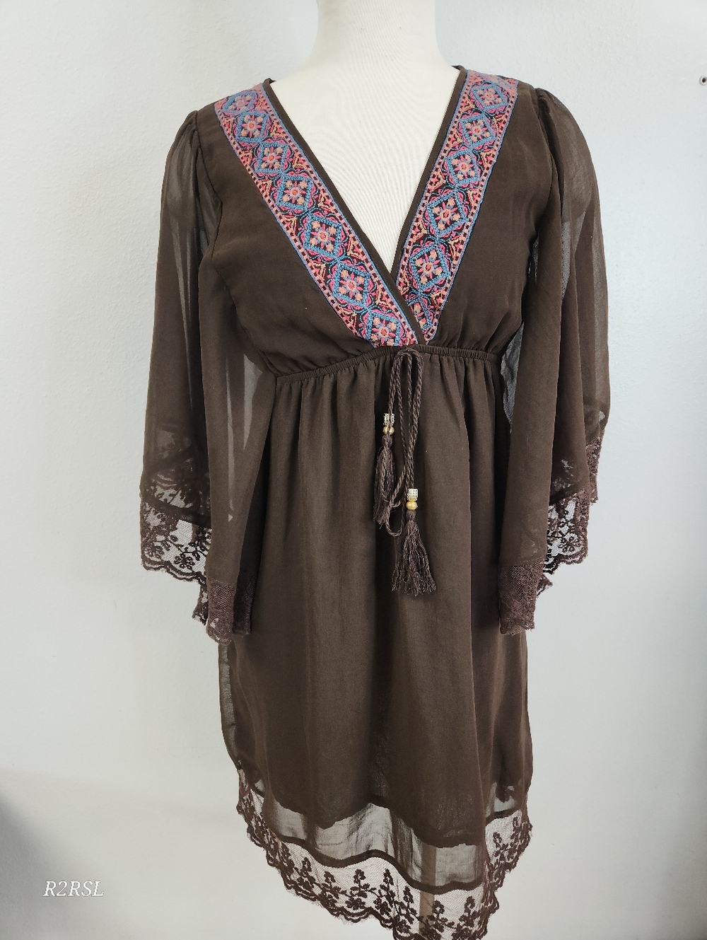 Heirloom Brown Dress Embroidery V Neck Sheer Bell Sleeve Lace Trim Womens M Boho